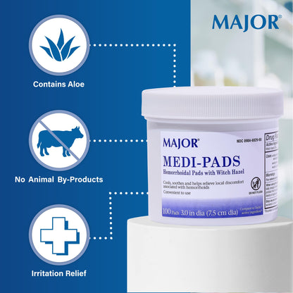 MAJOR Medi-Pads - Hemorrhoidal Hygienic Cleansing Witch Hazel Pads - Cooling Relief with Aloe - 100 Count Jar (1 Pack) - dailyvitalstore