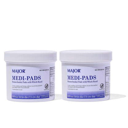 MAJOR Medi-Pads - Hemorrhoidal Hygienic Cleansing Witch Hazel Pads - Cooling Relief with Aloe - 100 Count Jar (2 Pack) - dailyvitalstore
