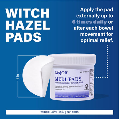 MAJOR Medi-Pads - Hemorrhoidal Hygienic Cleansing Witch Hazel Pads - Cooling Relief with Aloe - 100 Count Jar (2 Pack) - dailyvitalstore