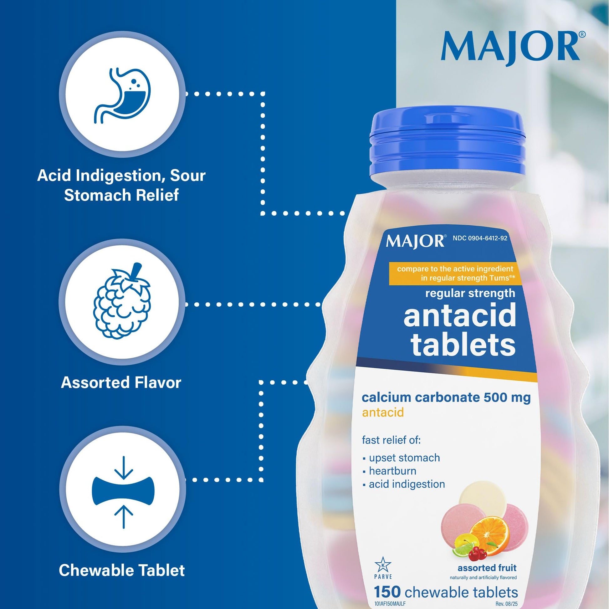 MAJOR Regular Strength Antacid Tablets - Calcium Carbonate 500 mg - Assorted Fruit Flavor - 150 Chewable Count (2 Pack) - dailyvitalstore