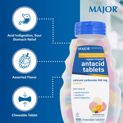 MAJOR Regular Strength Antacid Tablets - Calcium Carbonate 500 mg - Assorted Fruit Flavor - 150 Chewable Count (2 Pack) - dailyvitalstore