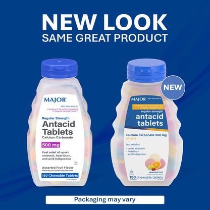 MAJOR Regular Strength Antacid Tablets - Calcium Carbonate 500 mg - Assorted Fruit Flavor - 150 Chewable Count (2 Pack) - dailyvitalstore