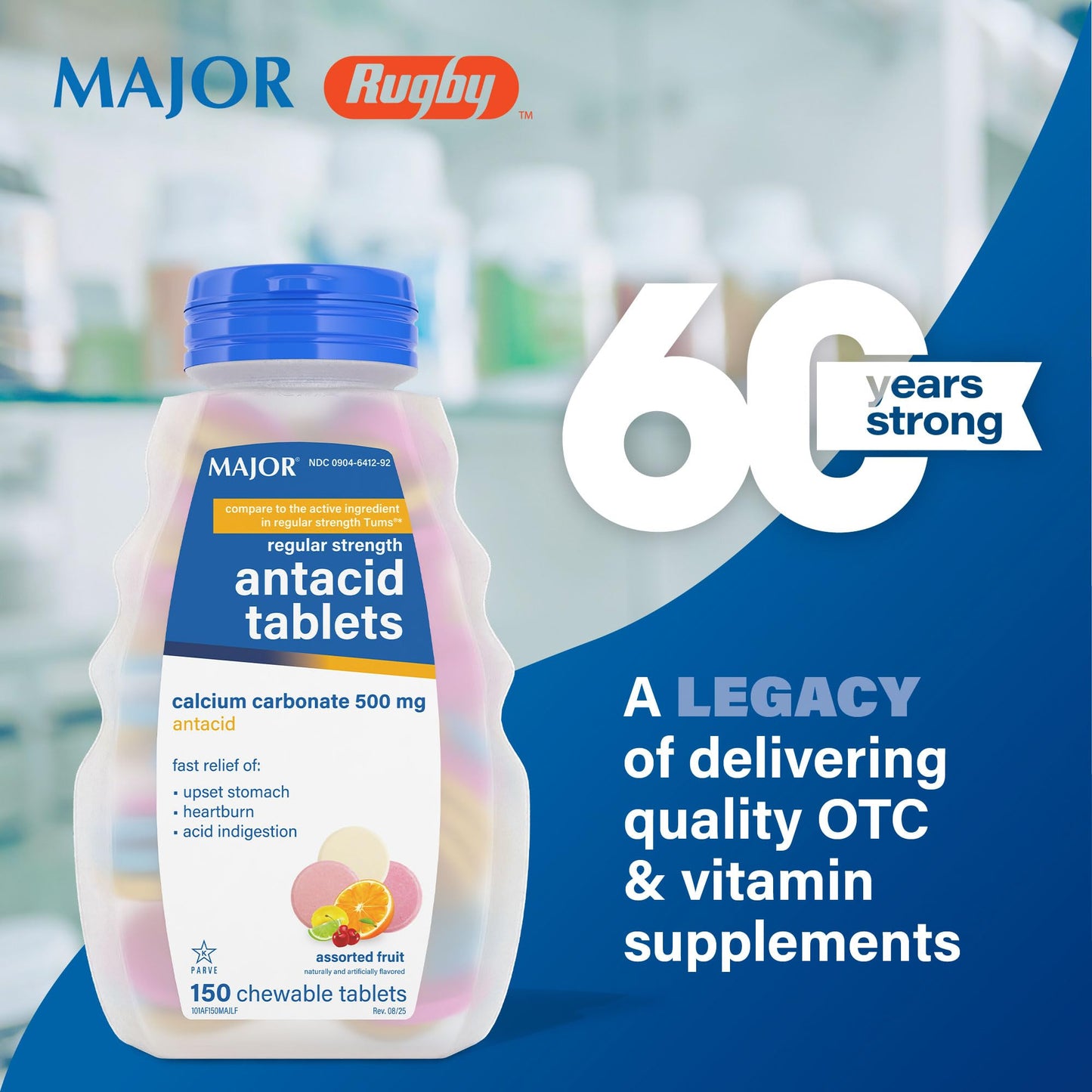 MAJOR Regular Strength Antacid Tablets - Calcium Carbonate 500 mg - Assorted Fruit Flavor - 150 Chewable Count (2 Pack) - dailyvitalstore