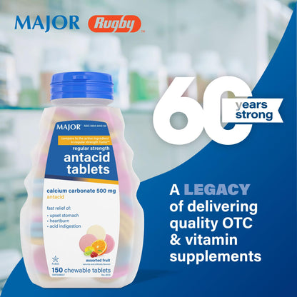 MAJOR Regular Strength Antacid Tablets - Calcium Carbonate 500 mg - Assorted Fruit Flavor - 150 Chewable Count (2 Pack) - dailyvitalstore