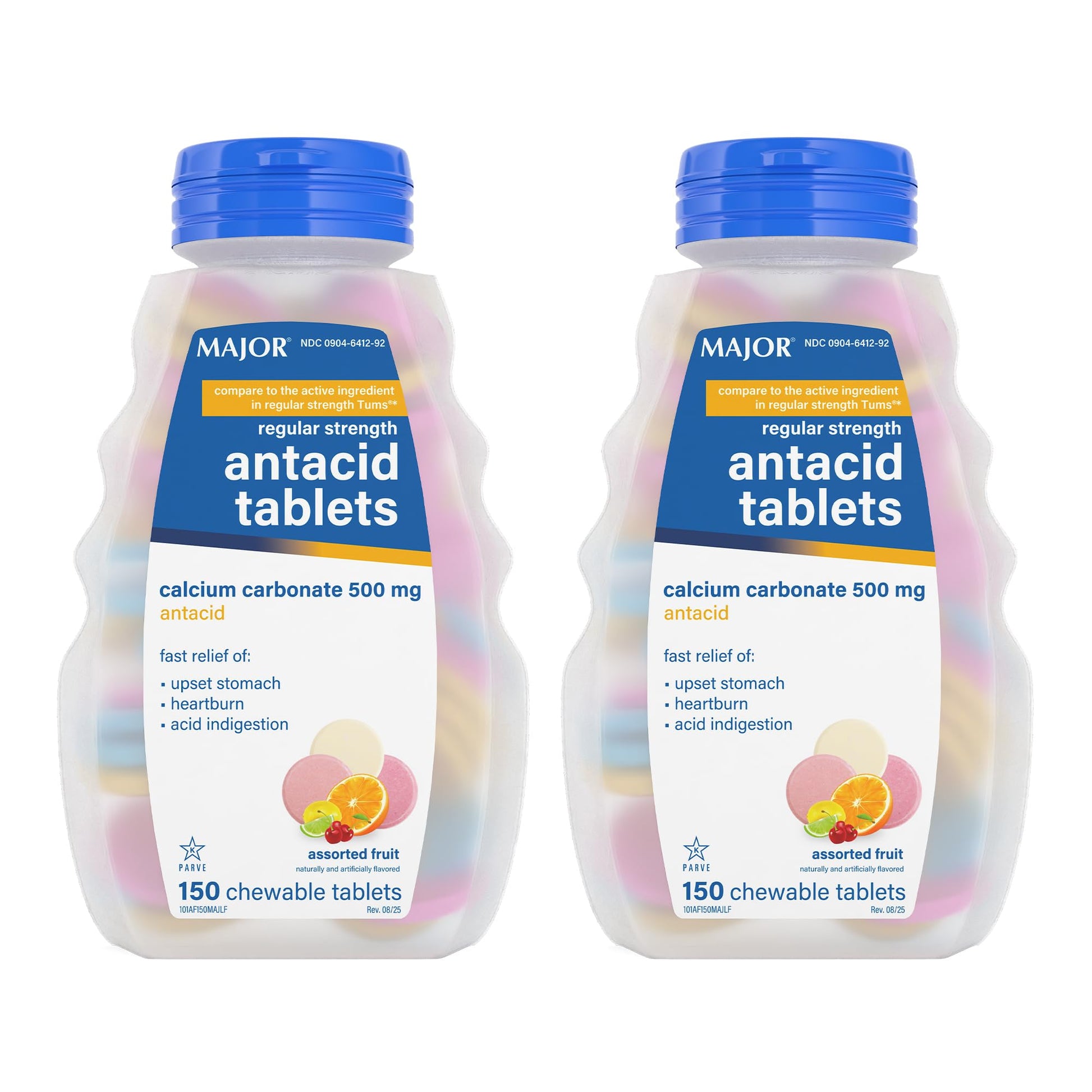 MAJOR Regular Strength Antacid Tablets - Calcium Carbonate 500 mg - Assorted Fruit Flavor - 150 Chewable Count (2 Pack) - dailyvitalstore