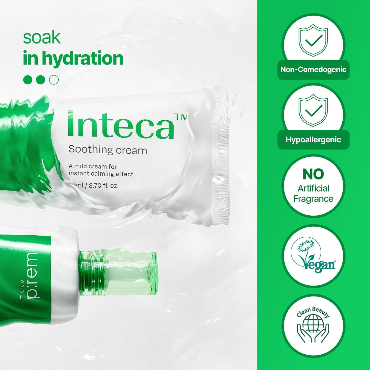MAKE P:REM INTECA Soothing Cream, Quick Calming Facial Cream with Advanced CICA for All Skin Types, Oily Skin, EVE VEGAN, - dailyvitalstore