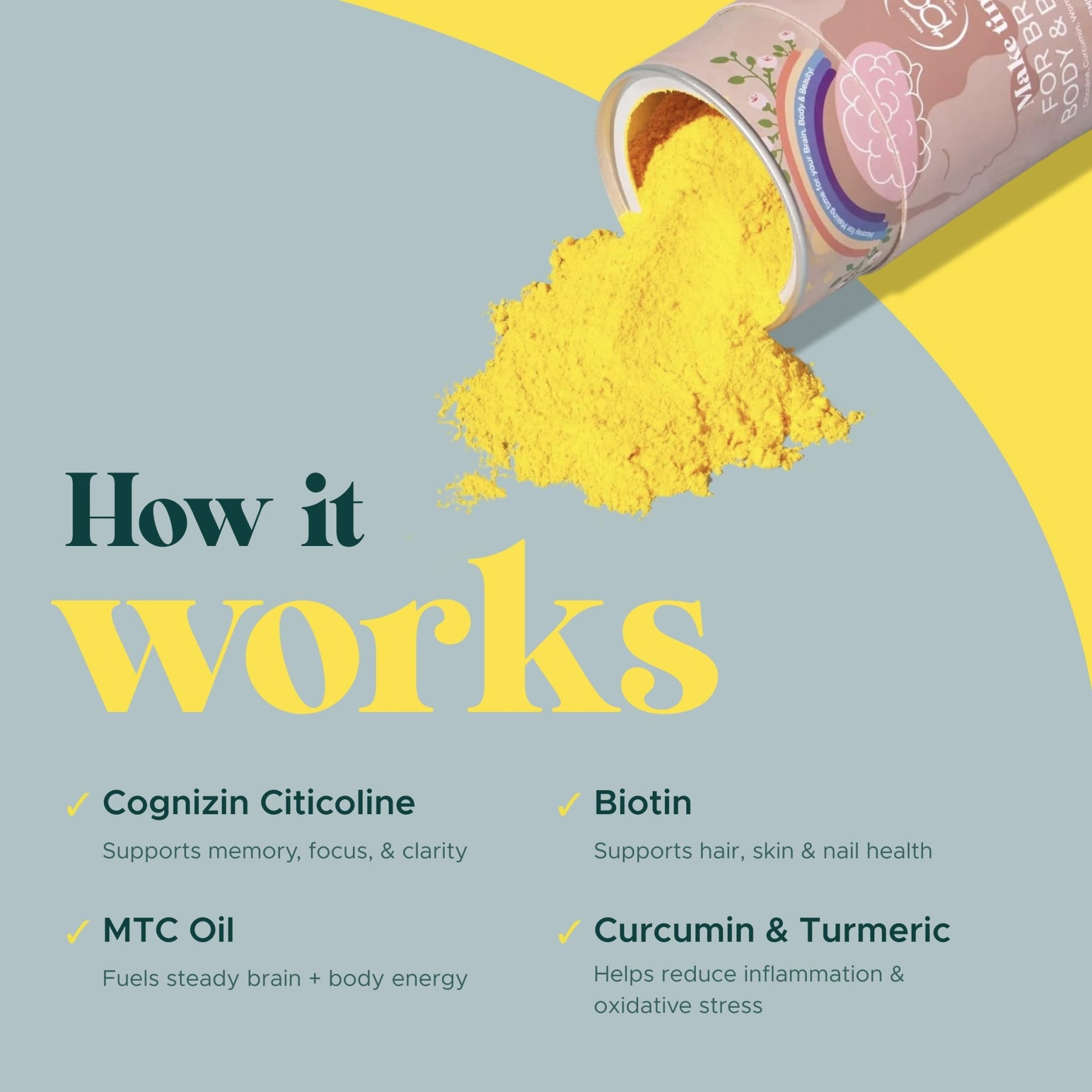 MAKE TIME Brain Health Powder Supplement for Women for Mood, Focus & Energy Boost | Cognizin, Biotin, Vitamin B6, B12, MCTs, Acetyl-L-carnitine, and Curcumin 7.4 oz (30 Servings) - dailyvitalstore
