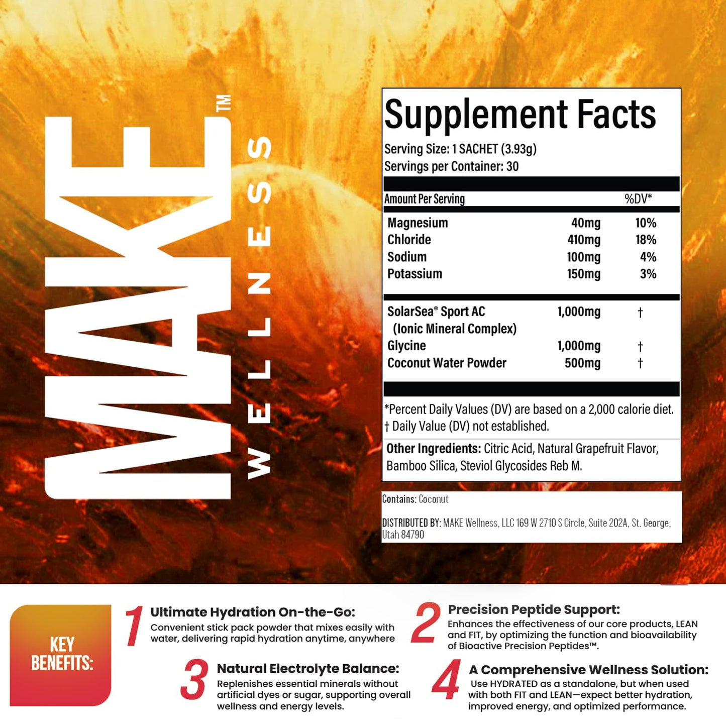 Make Wellness HYDRATED | 30 Servings | Grapefruit Flavor | Supports Hydration & Electrolyte Balance | Bioactive Peptide Blend for Daily Overall Wellness - dailyvitalstore