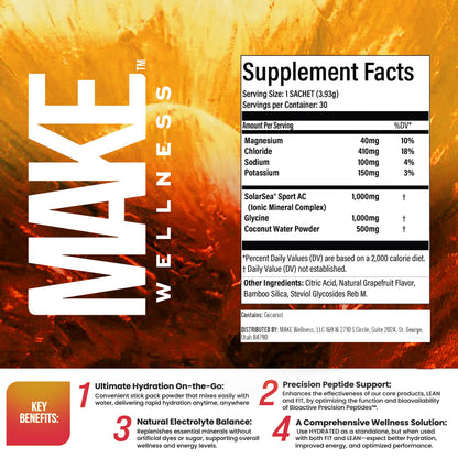 Make Wellness HYDRATED | 30 Servings | Grapefruit Flavor | Supports Hydration & Electrolyte Balance | Bioactive Peptide Blend for Daily Overall Wellness - dailyvitalstore