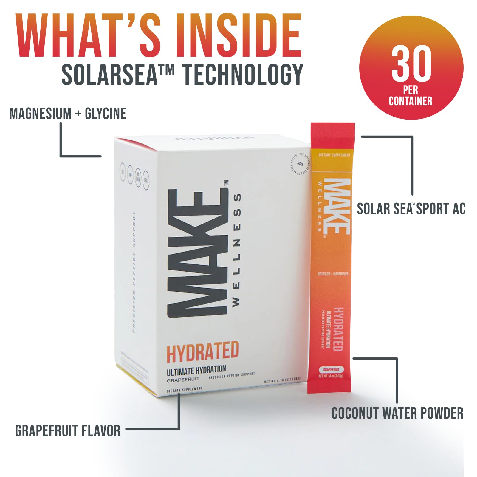 Make Wellness HYDRATED | 30 Servings | Grapefruit Flavor | Supports Hydration & Electrolyte Balance | Bioactive Peptide Blend for Daily Overall Wellness - dailyvitalstore