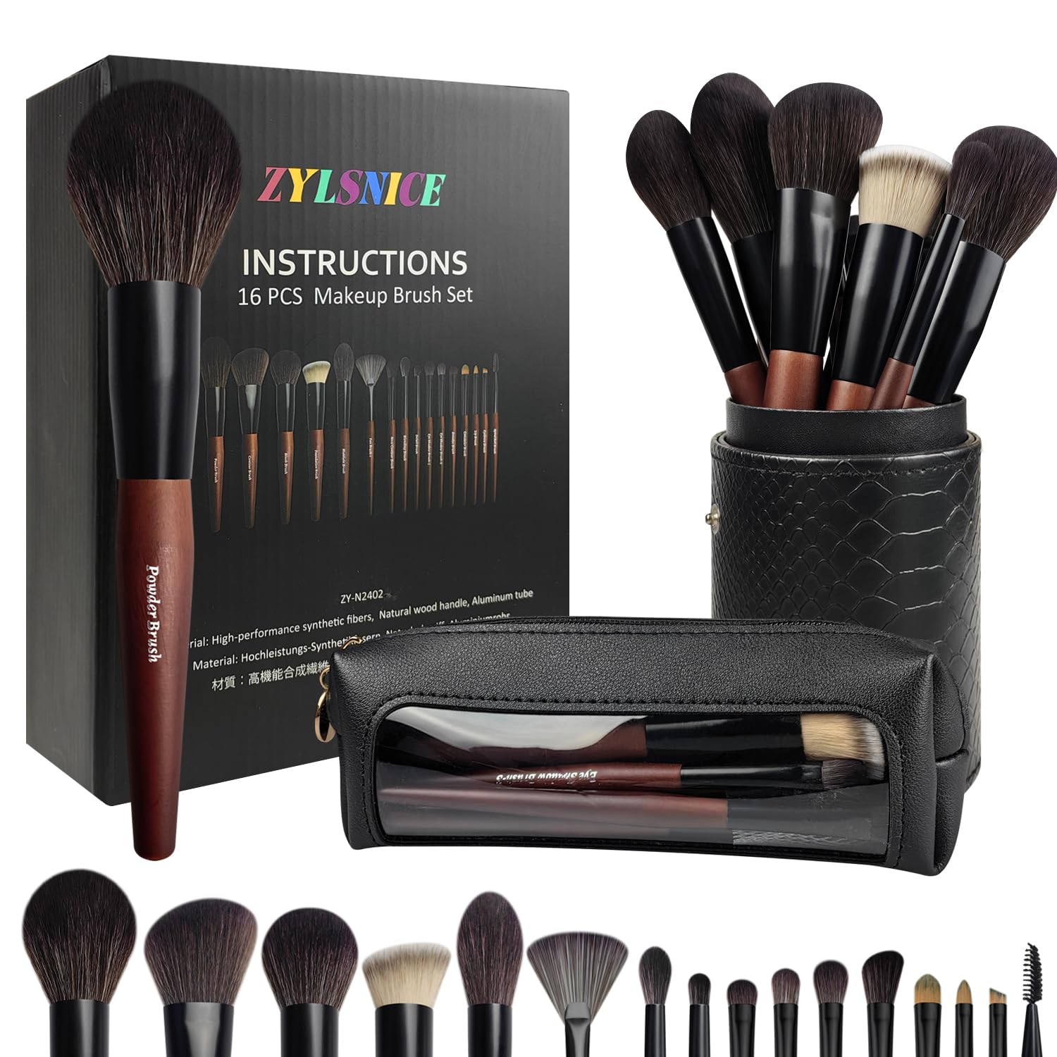 Makeup Brushes 16 Pcs Makeup Brush Set Professional, Wood Handle Travel Make Up Brushes Set with Case, Premium Cruelty-Free Synthetic Fiber Hair Makeup Brush Kit with Holder - dailyvitalstore