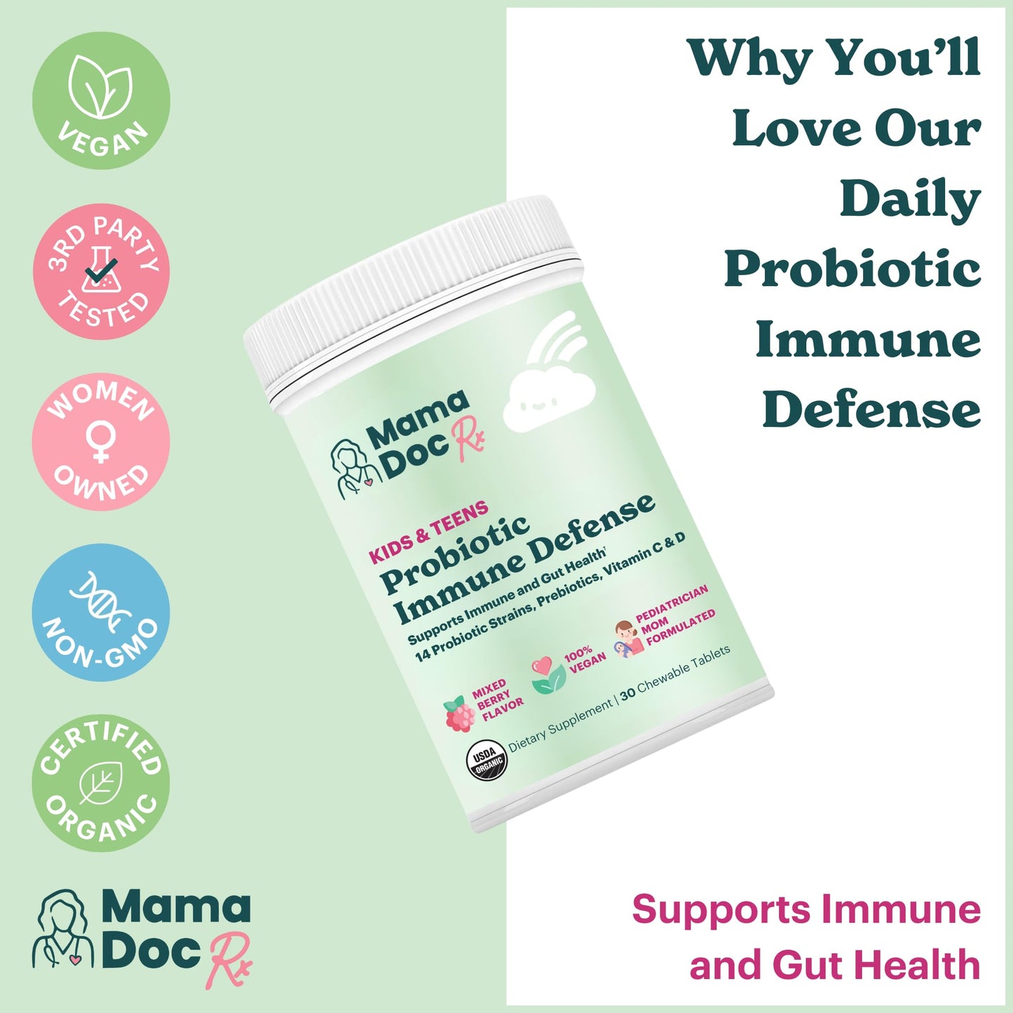 MamaDoc Rx Certified Organic Kids & Teens Probiotic Immune Defense - 5 Billion CFUs | Sugar Free, Vegan, Gluten-Free | 14 Probiotic Strains, Prebiotics, Vitamin C & D | 30 Chewable Tablets, Ages 4+ - dailyvitalstore