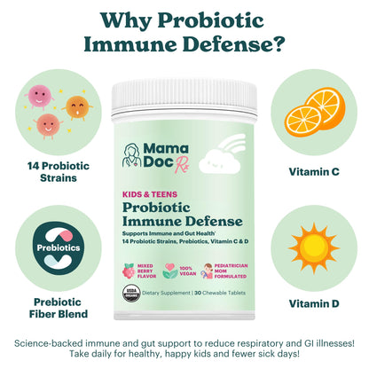 MamaDoc Rx Certified Organic Kids & Teens Probiotic Immune Defense - 5 Billion CFUs | Sugar Free, Vegan, Gluten-Free | 14 Probiotic Strains, Prebiotics, Vitamin C & D | 30 Chewable Tablets, Ages 4+ - dailyvitalstore