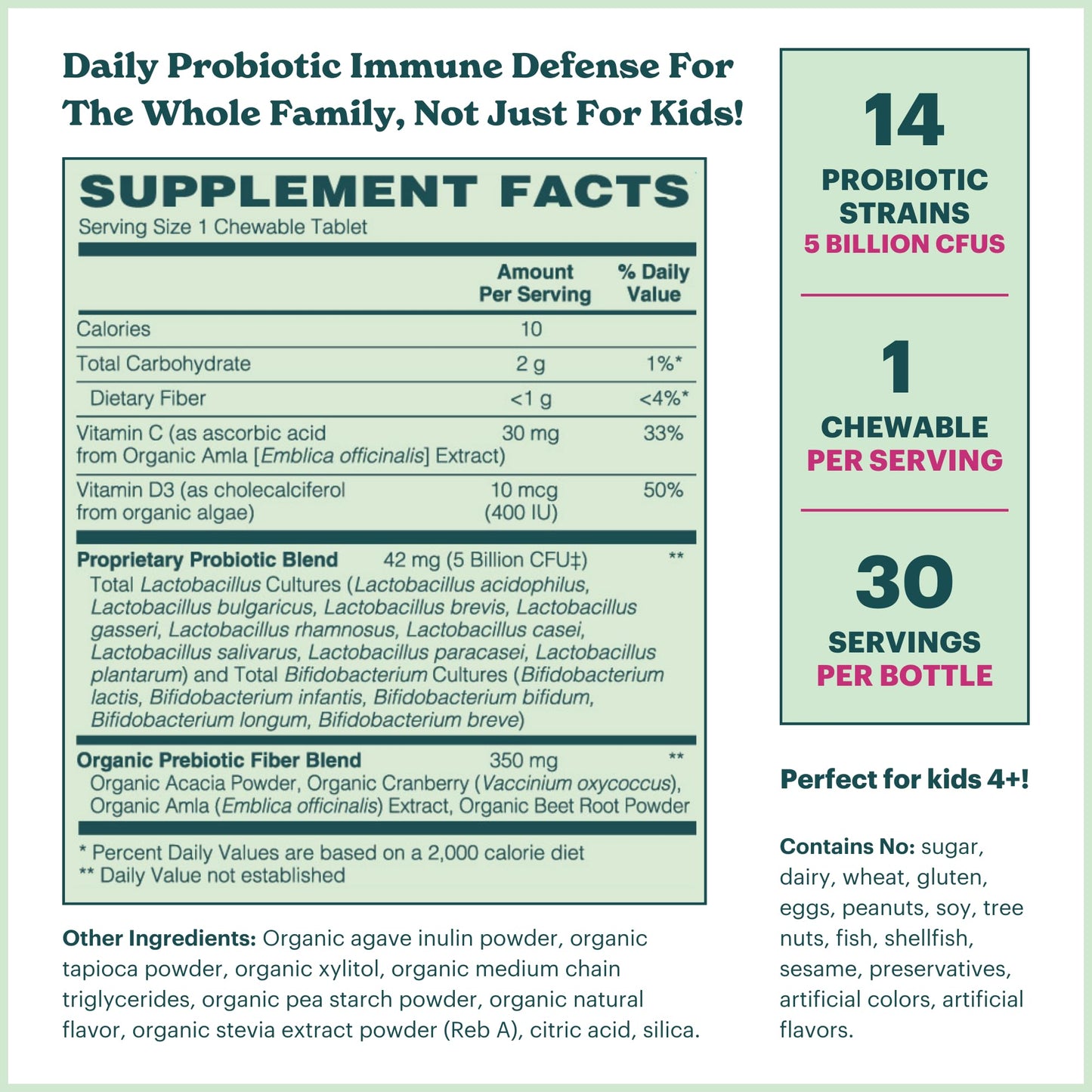 MamaDoc Rx Certified Organic Kids & Teens Probiotic Immune Defense - 5 Billion CFUs | Sugar Free, Vegan, Gluten-Free | 14 Probiotic Strains, Prebiotics, Vitamin C & D | 30 Chewable Tablets, Ages 4+ - dailyvitalstore