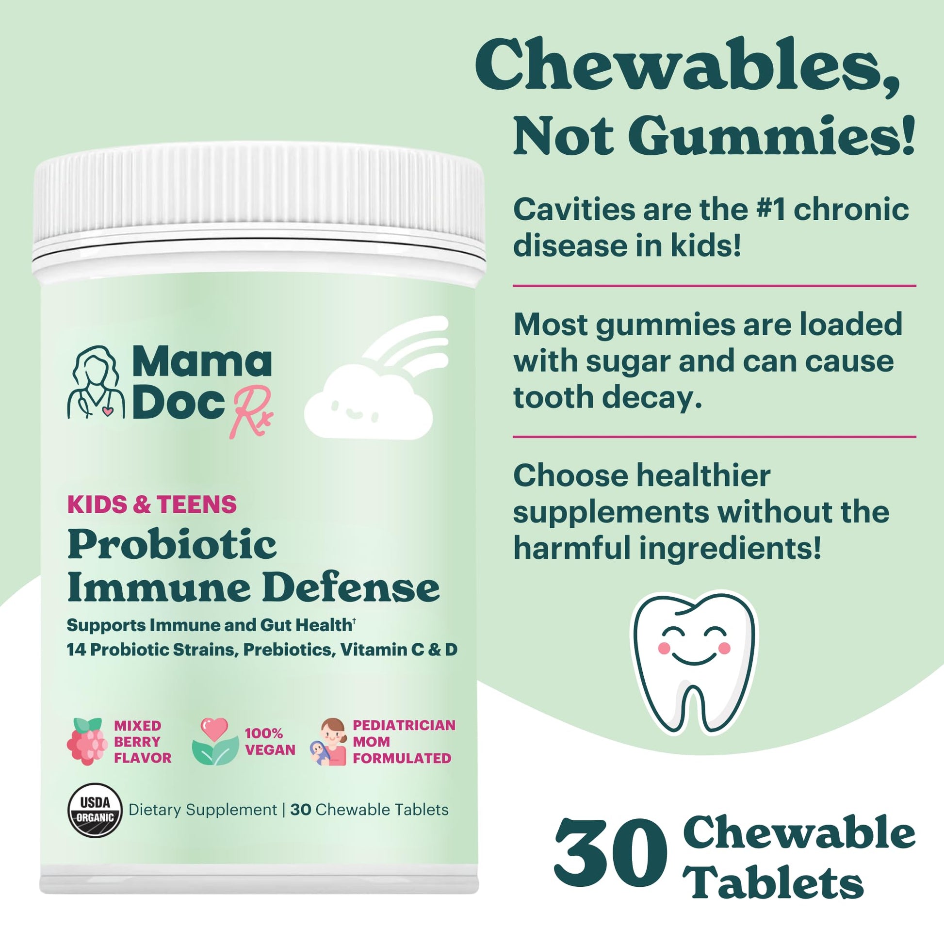 MamaDoc Rx Certified Organic Kids & Teens Probiotic Immune Defense - 5 Billion CFUs | Sugar Free, Vegan, Gluten-Free | 14 Probiotic Strains, Prebiotics, Vitamin C & D | 30 Chewable Tablets, Ages 4+ - dailyvitalstore