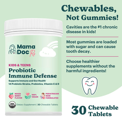 MamaDoc Rx Certified Organic Kids & Teens Probiotic Immune Defense - 5 Billion CFUs | Sugar Free, Vegan, Gluten-Free | 14 Probiotic Strains, Prebiotics, Vitamin C & D | 30 Chewable Tablets, Ages 4+ - dailyvitalstore