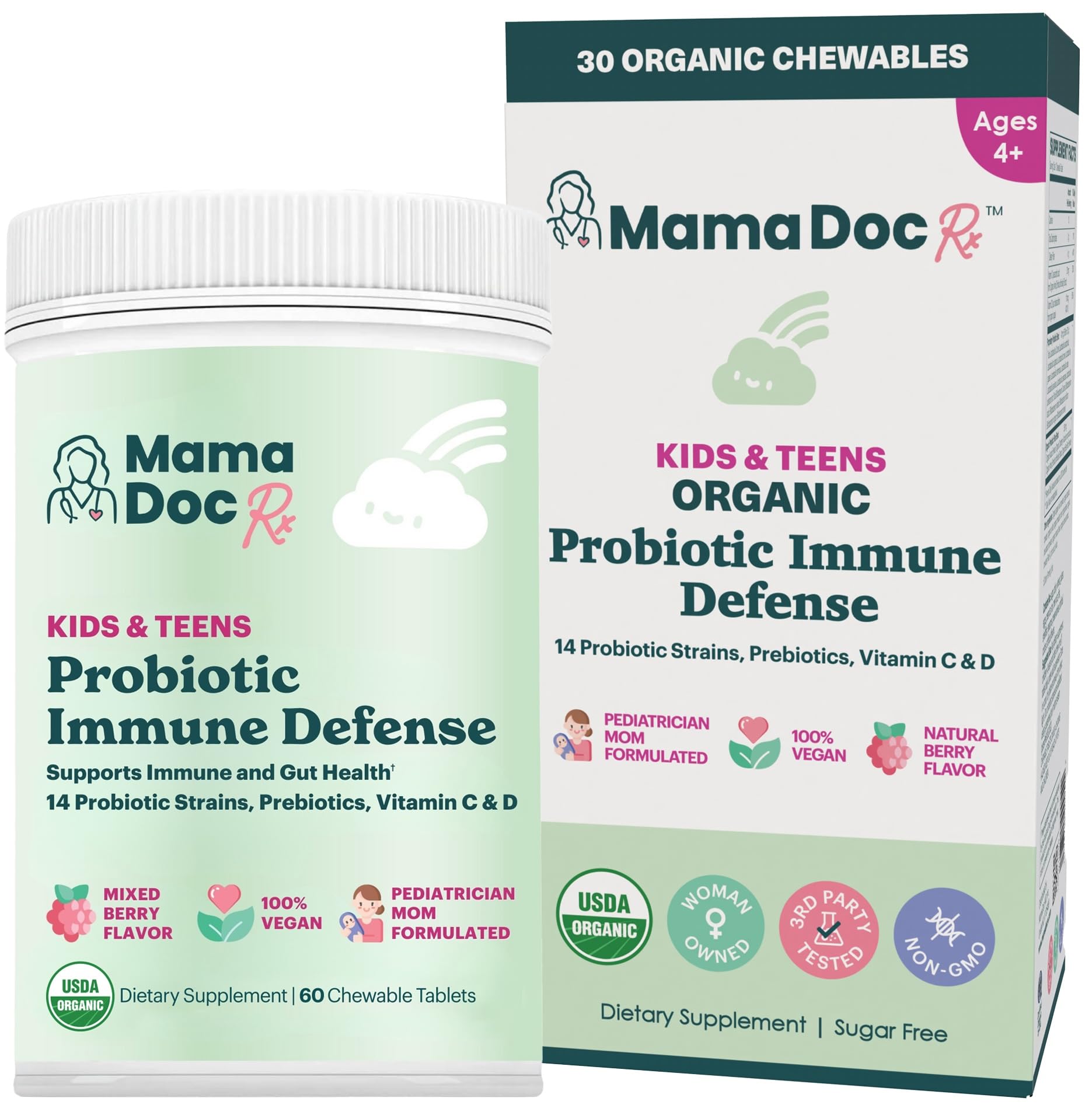 MamaDoc Rx Certified Organic Kids & Teens Probiotic Immune Defense - 5 Billion CFUs | Sugar Free, Vegan, Gluten-Free | 14 Probiotic Strains, Prebiotics, Vitamin C & D | 30 Chewable Tablets, Ages 4+ - dailyvitalstore
