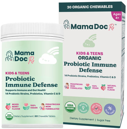 MamaDoc Rx Certified Organic Kids & Teens Probiotic Immune Defense - 5 Billion CFUs | Sugar Free, Vegan, Gluten-Free | 14 Probiotic Strains, Prebiotics, Vitamin C & D | 30 Chewable Tablets, Ages 4+ - dailyvitalstore