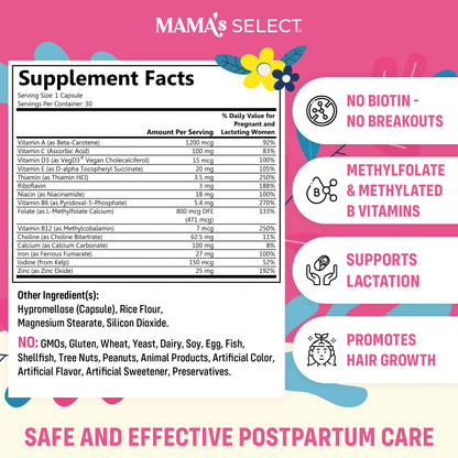 Mama's Select Postnatal Vitamins – Boosts Hair Recovery, Milk Supply, & Wellness – Allergen-Free, Vegan, MTHFR Friendly, Methylated Folate & B Vitamins, - dailyvitalstore