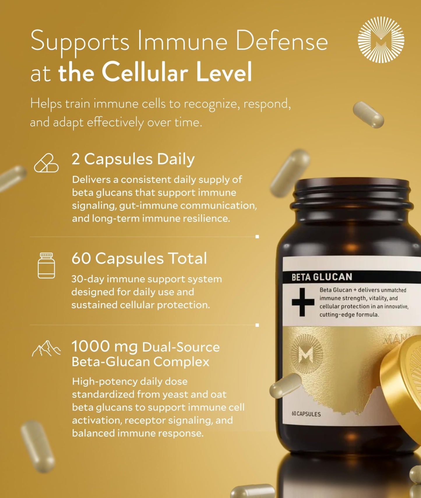 Manna Beta Glucan+ Capsules | 1000mg Beta Glucan Complex | Reishi Mushroom & Oats | Supplement for Immune Support, Heart Health, Cellular Renewal & Antioxidant Protection | 60 Count - dailyvitalstore