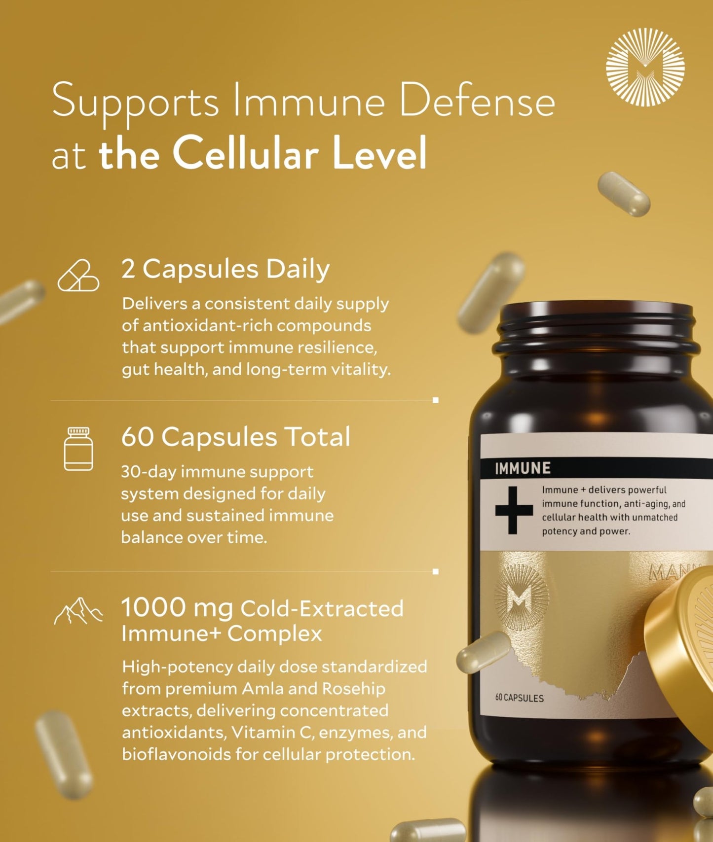 Manna Immune+ Capsules | 500mg Amla Extract & 500mg Rosehip Extract | Vitamin C Supplement for Immune Boost, Antioxidants, Heart Health, Digestion & Immune System Support | For Daily Use | 60 Count - dailyvitalstore