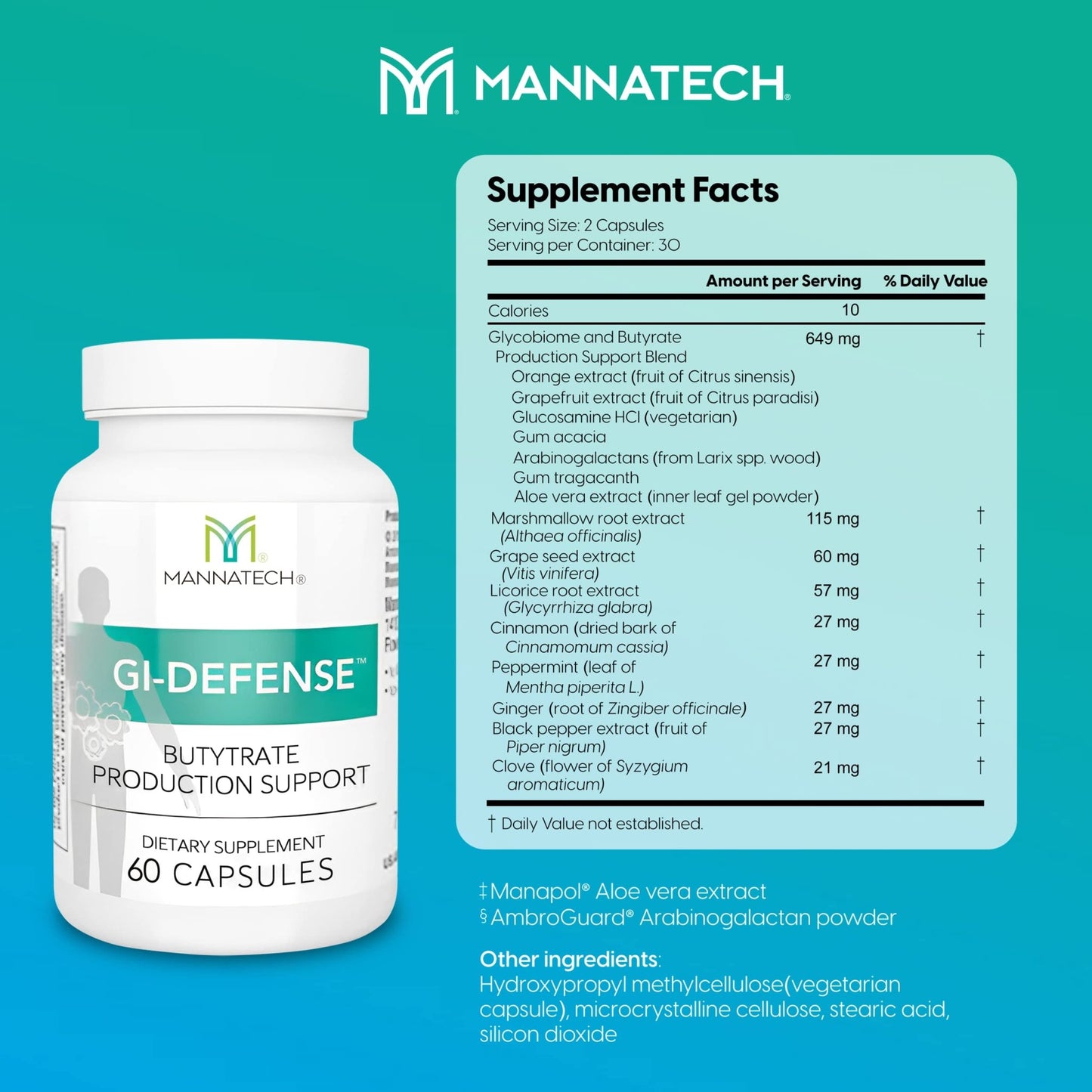 Mannatech Butyrate Supplement - Supports Gut Barrier Function, Intestinal Health, and Digestive Comfort - Promotes Short Chain Fatty Acid Production, Immune Support Supplement GI-Defense 60 Capsules - dailyvitalstore