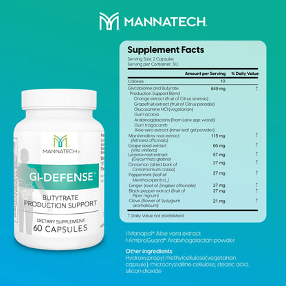 Mannatech Butyrate Supplement - Supports Gut Barrier Function, Intestinal Health, and Digestive Comfort - Promotes Short Chain Fatty Acid Production, Immune Support Supplement GI-Defense 60 Capsules - dailyvitalstore