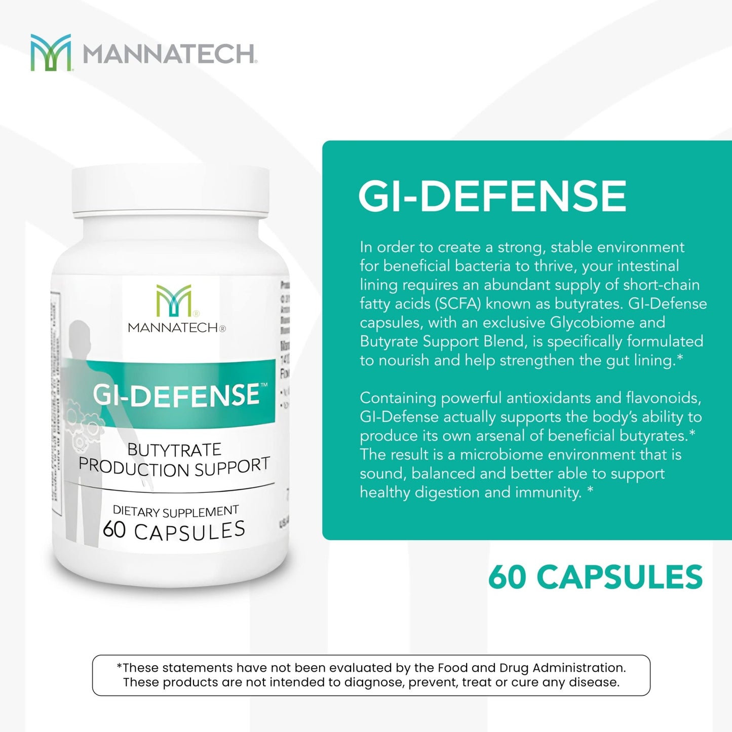 Mannatech Butyrate Supplement - Supports Gut Barrier Function, Intestinal Health, and Digestive Comfort - Promotes Short Chain Fatty Acid Production, Immune Support Supplement GI-Defense 60 Capsules - dailyvitalstore
