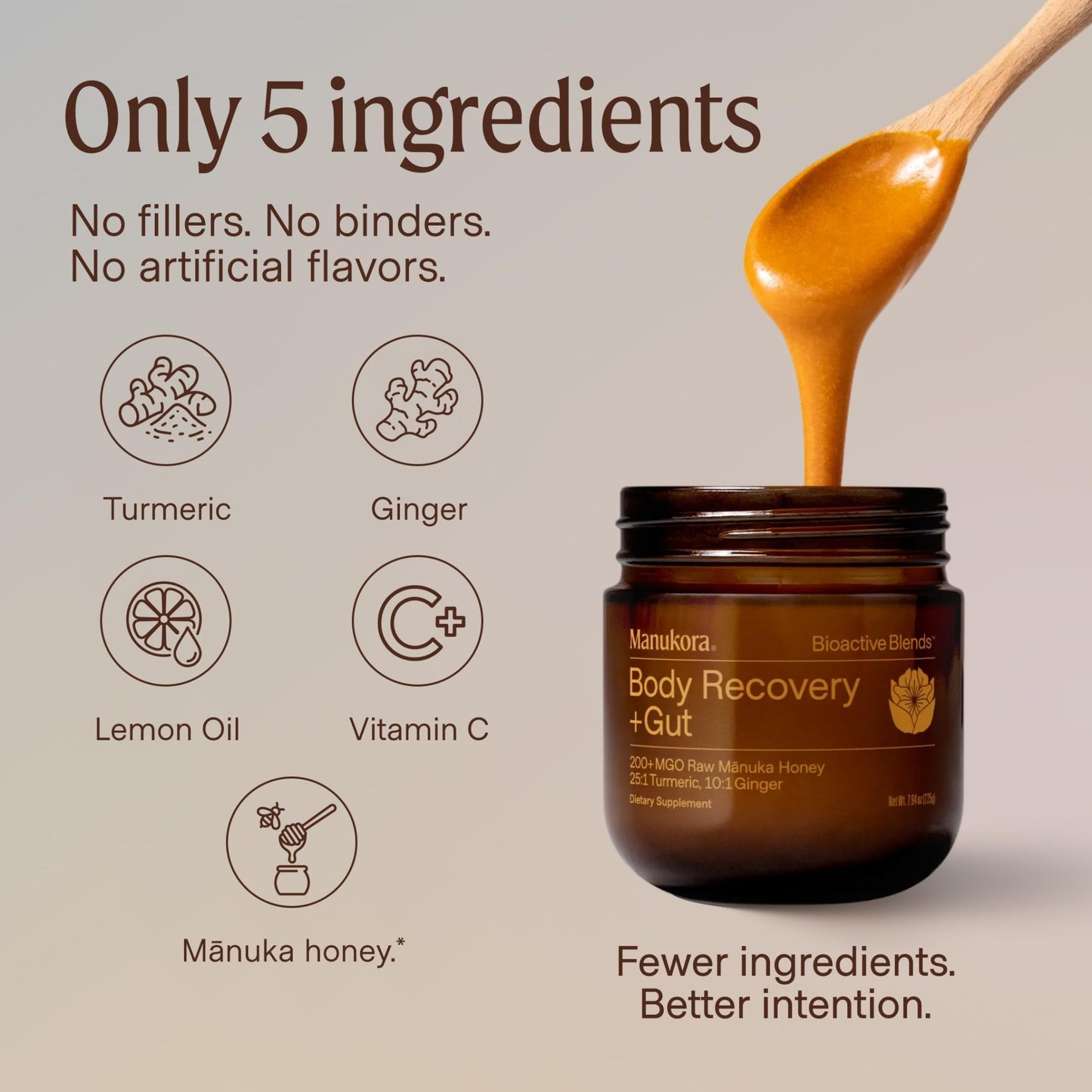 Manukora Body Recovery + Gut Supplement, Turmeric & Ginger with Manuka Honey, Supports Recovery, Gut Health & Digestive Comfort, Improved Absorption, 3rd-Party Tested, Non-GMO, 225g Jar - dailyvitalstore
