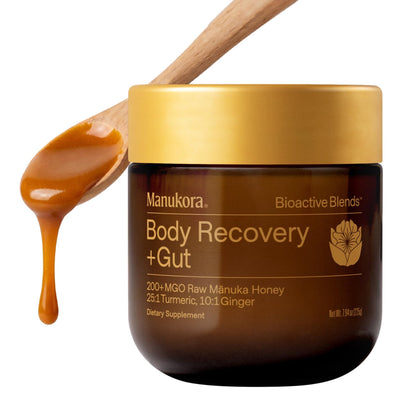 Manukora Body Recovery + Gut Supplement, Turmeric & Ginger with Manuka Honey, Supports Recovery, Gut Health & Digestive Comfort, Improved Absorption, 3rd-Party Tested, Non-GMO, 225g Jar - dailyvitalstore