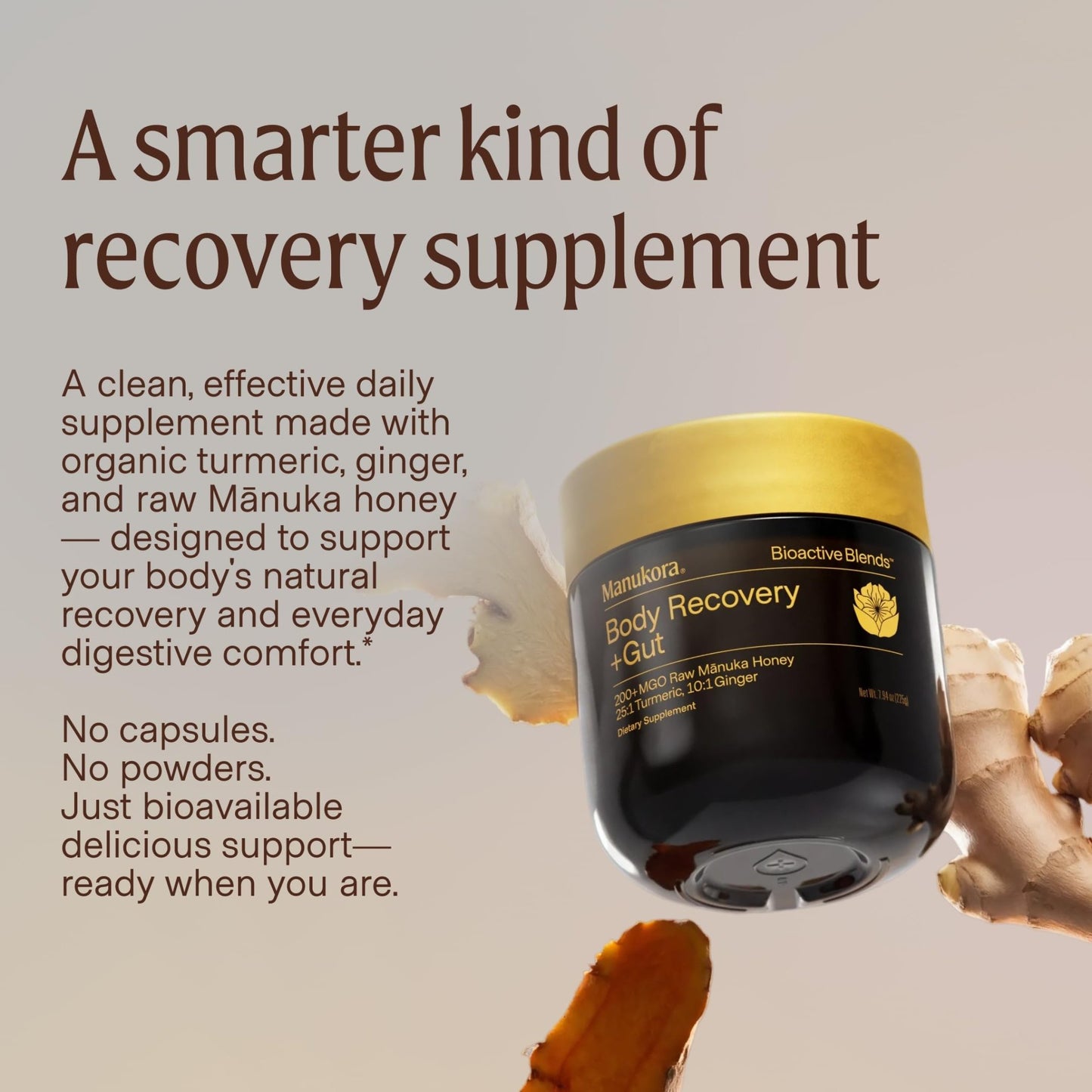 Manukora Body Recovery + Gut Supplement, Turmeric & Ginger with Manuka Honey, Supports Recovery, Gut Health & Digestive Comfort, Improved Absorption, 3rd-Party Tested, Non-GMO, 225g Jar - dailyvitalstore