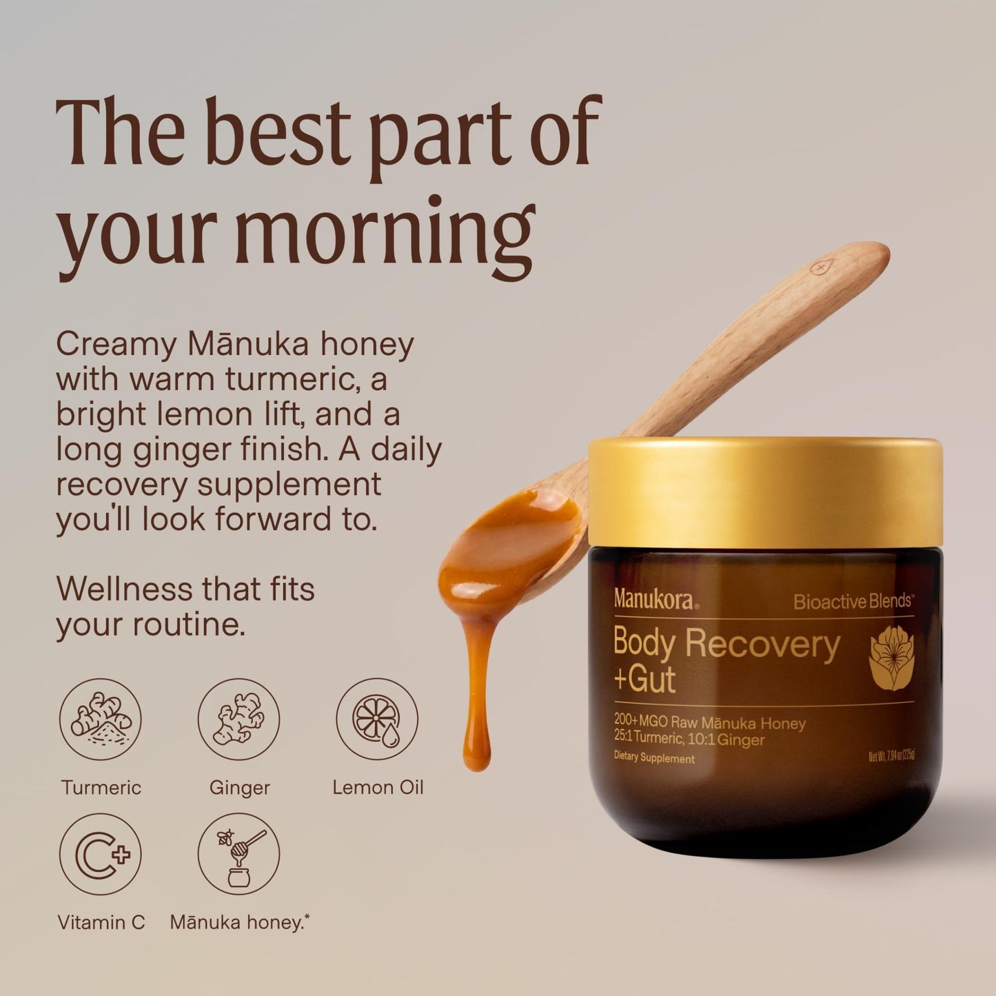 Manukora Body Recovery + Gut Supplement, Turmeric & Ginger with Manuka Honey, Supports Recovery, Gut Health & Digestive Comfort, Improved Absorption, 3rd-Party Tested, Non-GMO, 225g Jar - dailyvitalstore