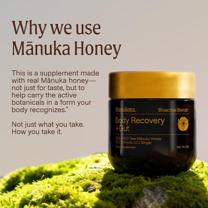 Manukora Body Recovery + Gut Supplement, Turmeric & Ginger with Manuka Honey, Supports Recovery, Gut Health & Digestive Comfort, Improved Absorption, 3rd-Party Tested, Non-GMO, 225g Jar - dailyvitalstore
