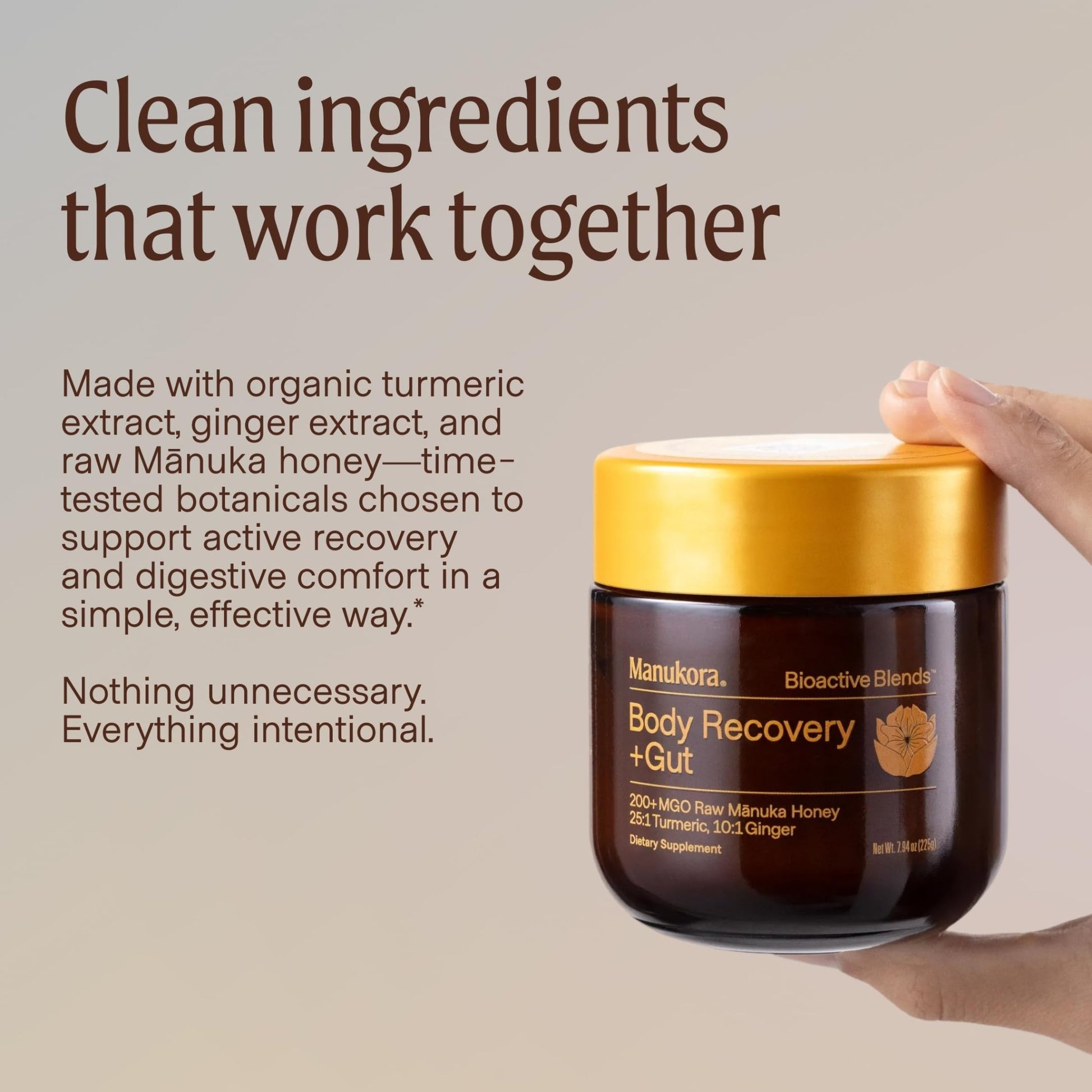 Manukora Body Recovery + Gut Supplement, Turmeric & Ginger with Manuka Honey, Supports Recovery, Gut Health & Digestive Comfort, Improved Absorption, 3rd-Party Tested, Non-GMO, 225g Jar - dailyvitalstore
