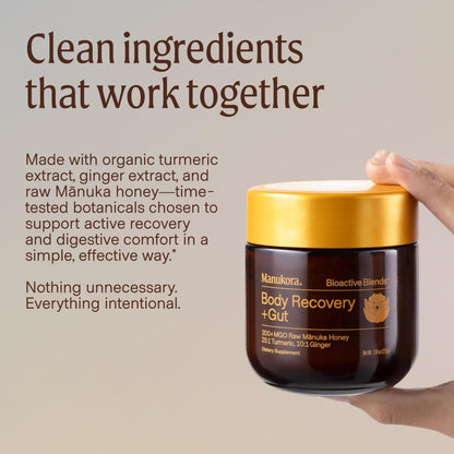 Manukora Body Recovery + Gut Supplement, Turmeric & Ginger with Manuka Honey, Supports Recovery, Gut Health & Digestive Comfort, Improved Absorption, 3rd-Party Tested, Non-GMO, 225g Jar - dailyvitalstore