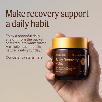 Manukora Body Recovery + Gut Supplement, Turmeric & Ginger with Manuka Honey, Supports Recovery, Gut Health & Digestive Comfort, Improved Absorption, 3rd-Party Tested, Non-GMO, 225g Jar - dailyvitalstore