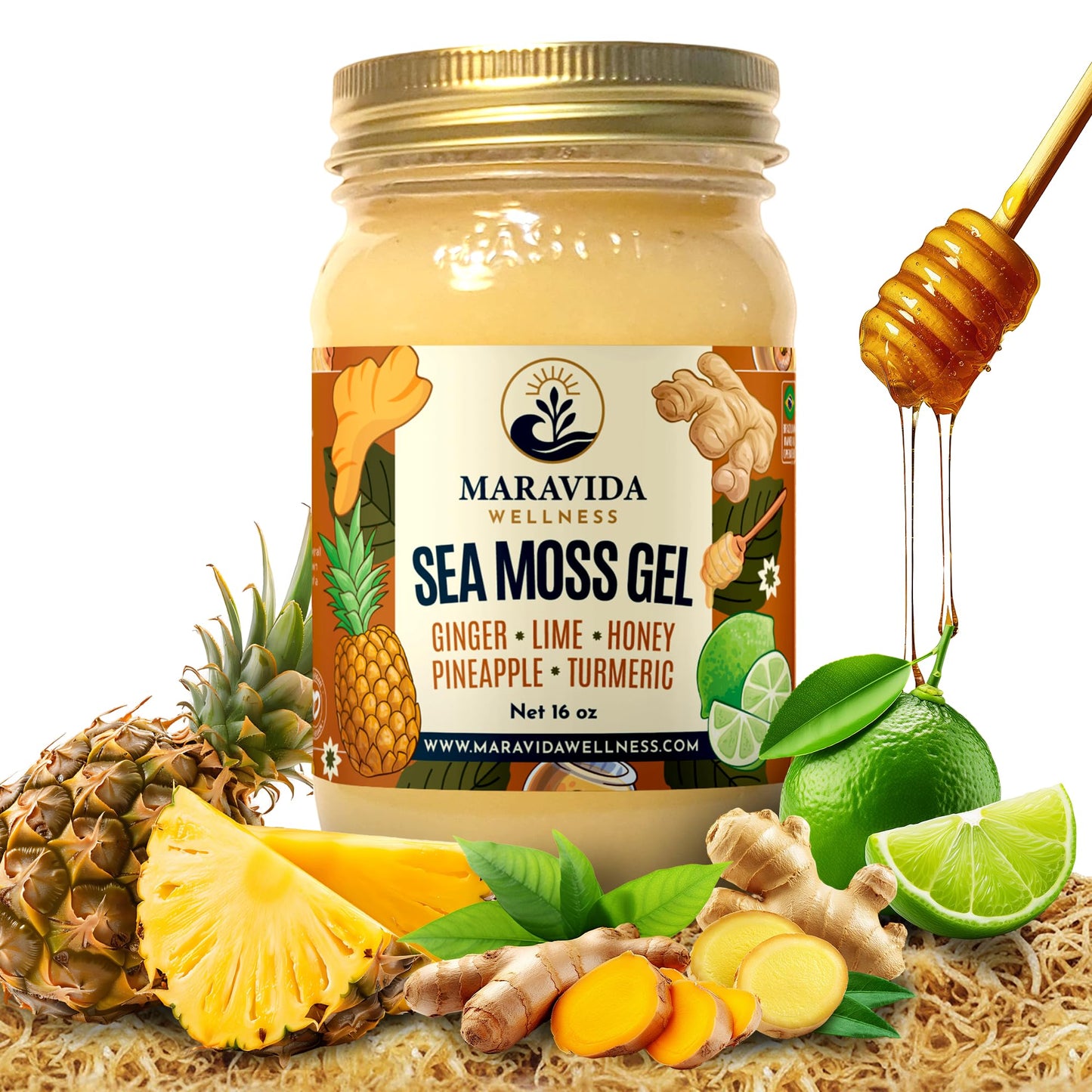 Maravida Wellness Sea Moss Gel – Pineapple, Lime, Honey, Ginger & Turmeric – 100% Natural Raw Organic Irish Moss – 16oz Jar – Premium Superfood for Everyday Wellness - dailyvitalstore