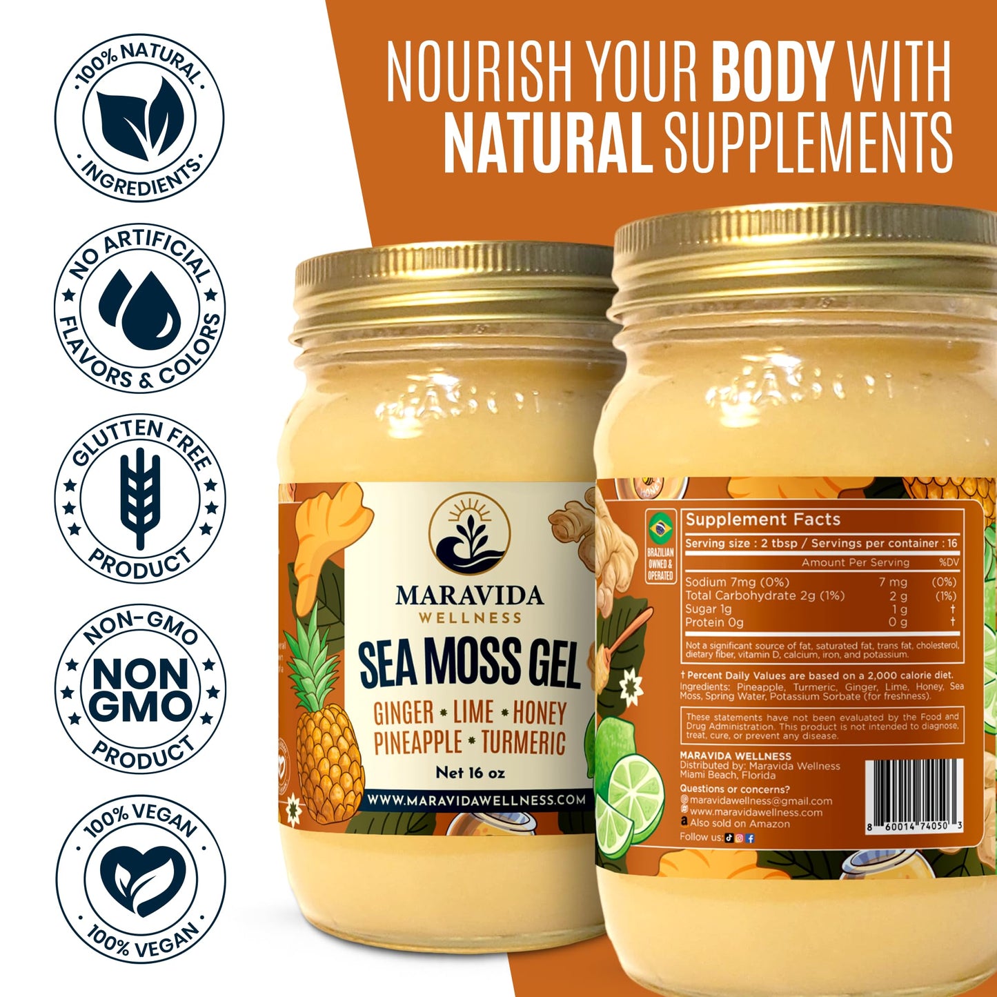 Maravida Wellness Sea Moss Gel – Pineapple, Lime, Honey, Ginger & Turmeric – 100% Natural Raw Organic Irish Moss – 16oz Jar – Premium Superfood for Everyday Wellness - dailyvitalstore