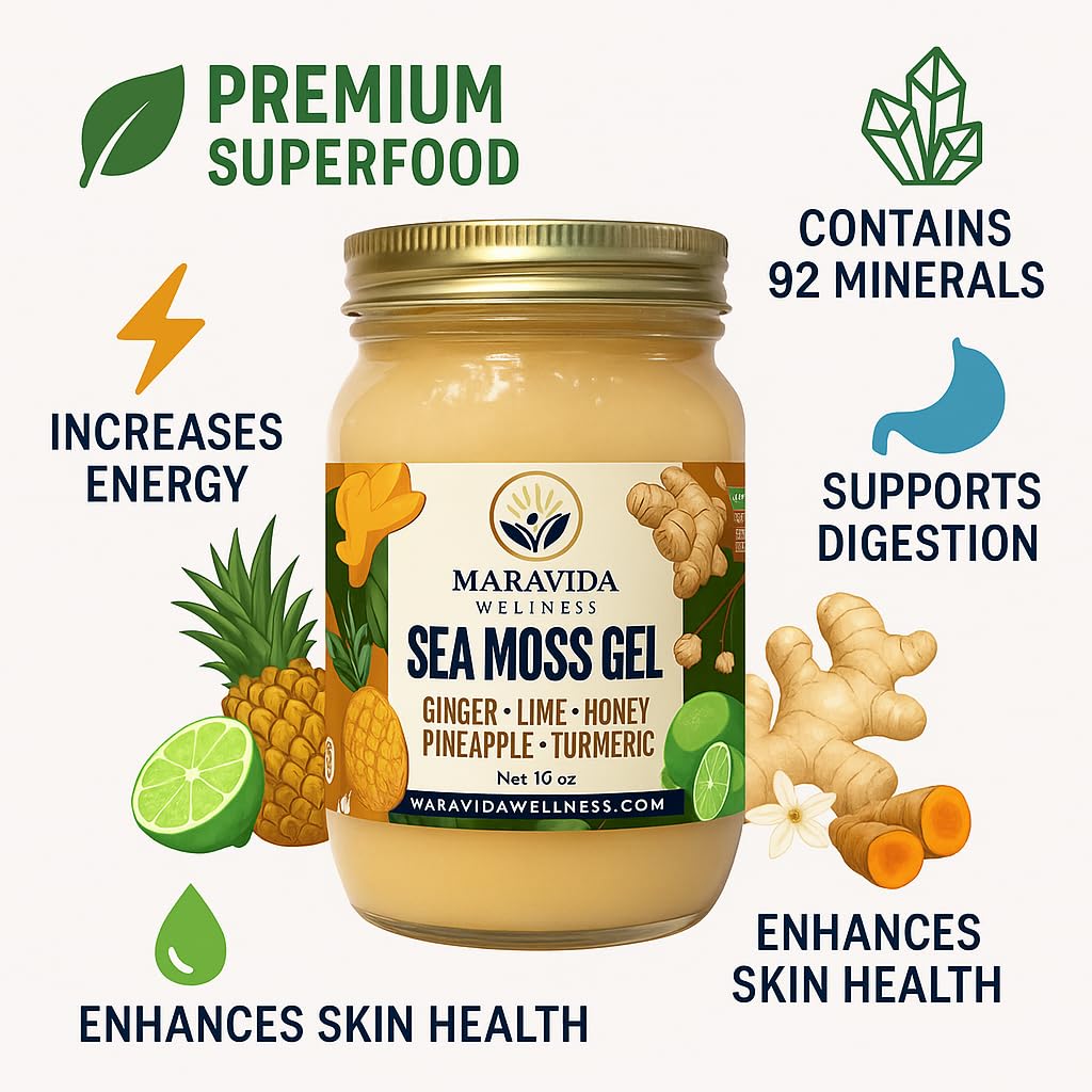Maravida Wellness Sea Moss Gel – Pineapple, Lime, Honey, Ginger & Turmeric – 100% Natural Raw Organic Irish Moss – 16oz Jar – Premium Superfood for Everyday Wellness - dailyvitalstore