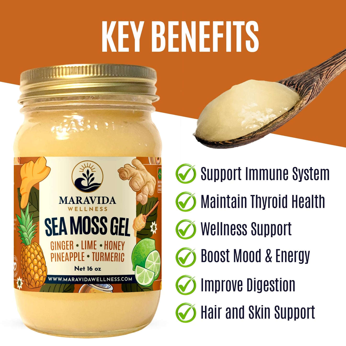 Maravida Wellness Sea Moss Gel – Pineapple, Lime, Honey, Ginger & Turmeric – 100% Natural Raw Organic Irish Moss – 16oz Jar – Premium Superfood for Everyday Wellness - dailyvitalstore