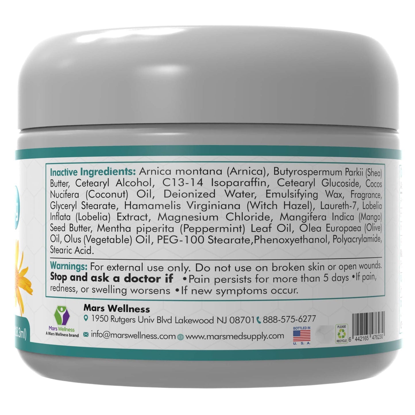Mars Wellness MG+ Magnesium Cream Pain Relief - Extra Strength Magnesium and Arnica Cream - 4 OZ Tub - Neuropathy, Muscle Pain, and Leg Cramps Relief - 1 Pack - dailyvitalstore