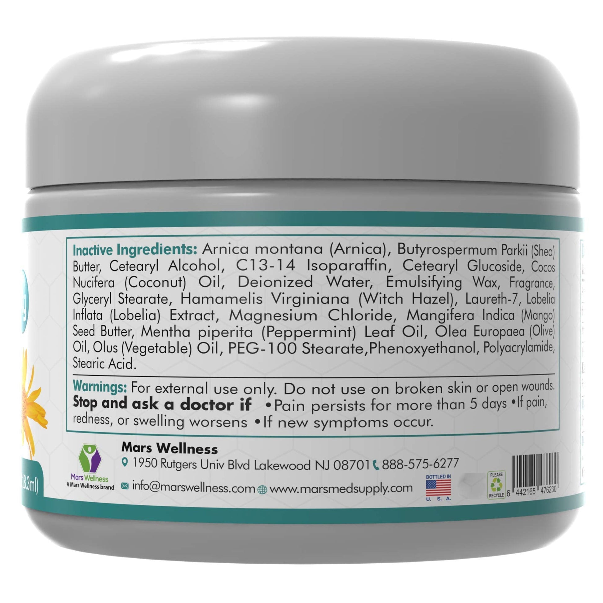 Mars Wellness MG+ Magnesium Cream Pain Relief - Extra Strength Magnesium and Arnica Cream - 4 OZ Tub - Neuropathy, Muscle Pain, and Leg Cramps Relief - 1 Pack - dailyvitalstore