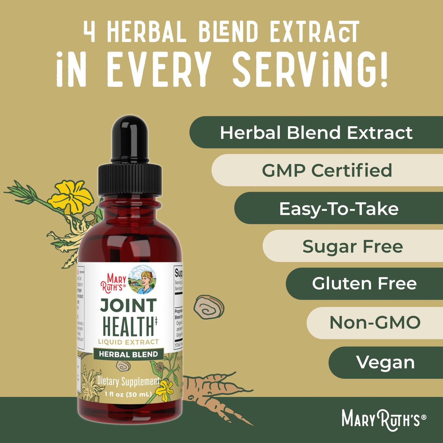 MaryRuth Organics Joint Health Liquid Extract | Four Herbal Blend Liquid Drops | Ginger Root | Licorice Root | Cats Claw | Devils Claw | Vegan | Non GMO | Alcohol Free Tincture | 30 Servings - dailyvitalstore