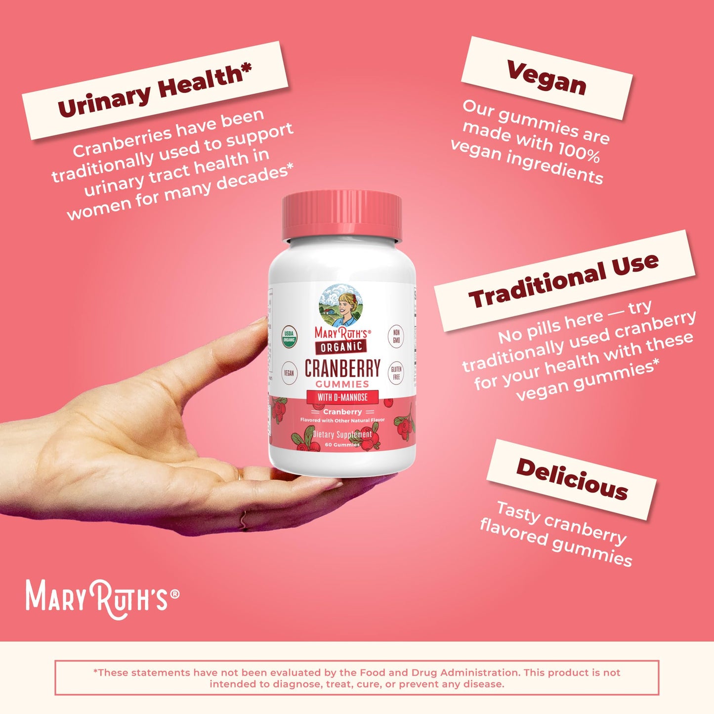 MaryRuth Organics Organic Cranberry Gummies - 500mg Supplement | Urinary Tract Health for Women | with D Mannose | Traditional Use - dailyvitalstore