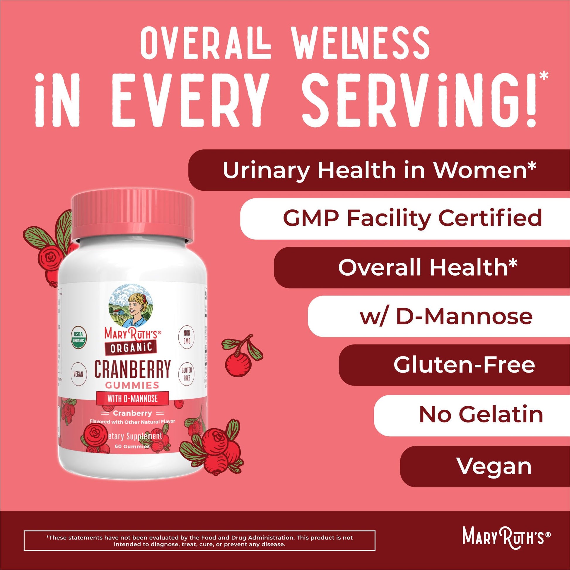 MaryRuth Organics Organic Cranberry Gummies - 500mg Supplement | Urinary Tract Health for Women | with D Mannose | Traditional Use - dailyvitalstore