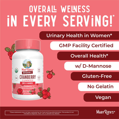 MaryRuth Organics Organic Cranberry Gummies - 500mg Supplement | Urinary Tract Health for Women | with D Mannose | Traditional Use - dailyvitalstore