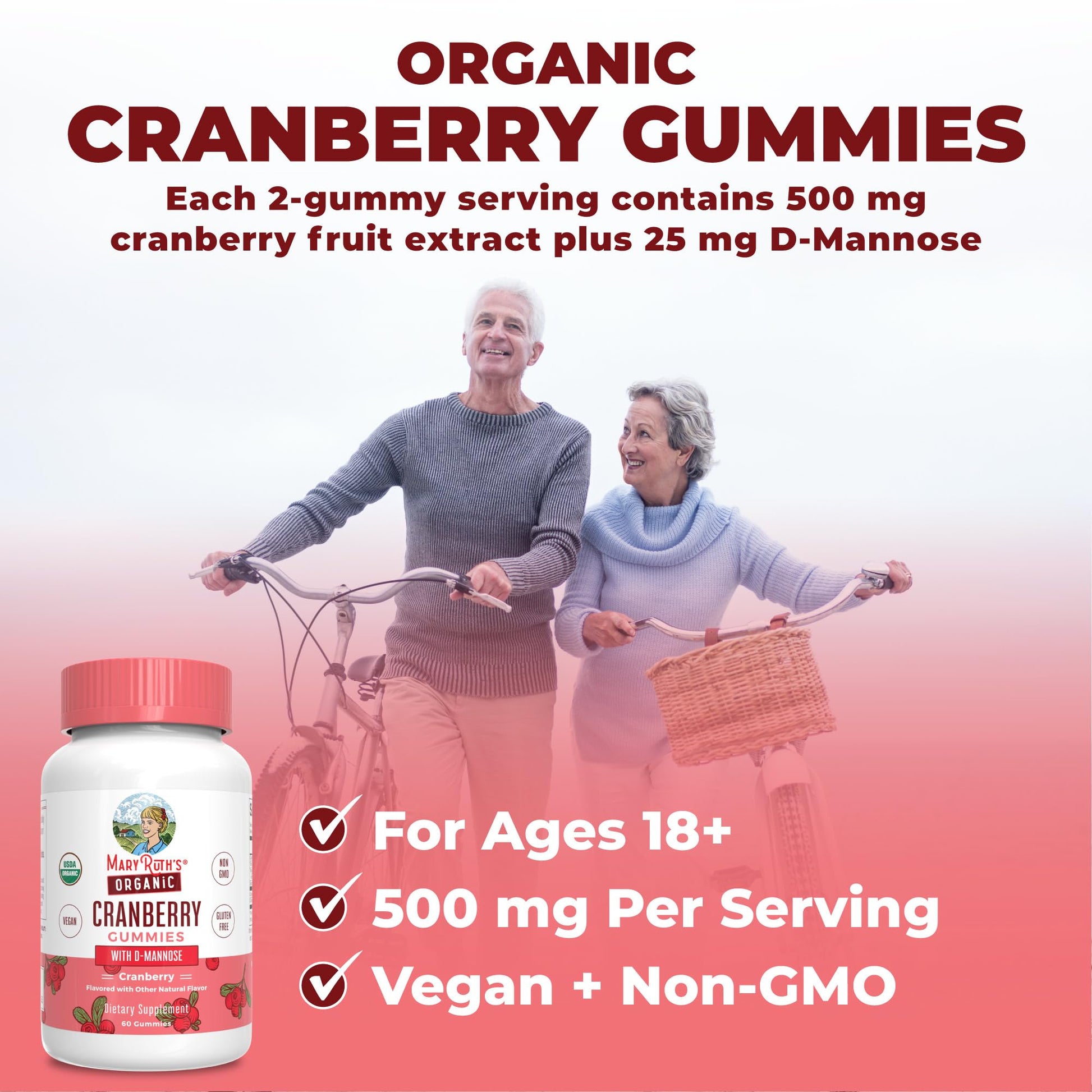 MaryRuth Organics Organic Cranberry Gummies - 500mg Supplement | Urinary Tract Health for Women | with D Mannose | Traditional Use - dailyvitalstore
