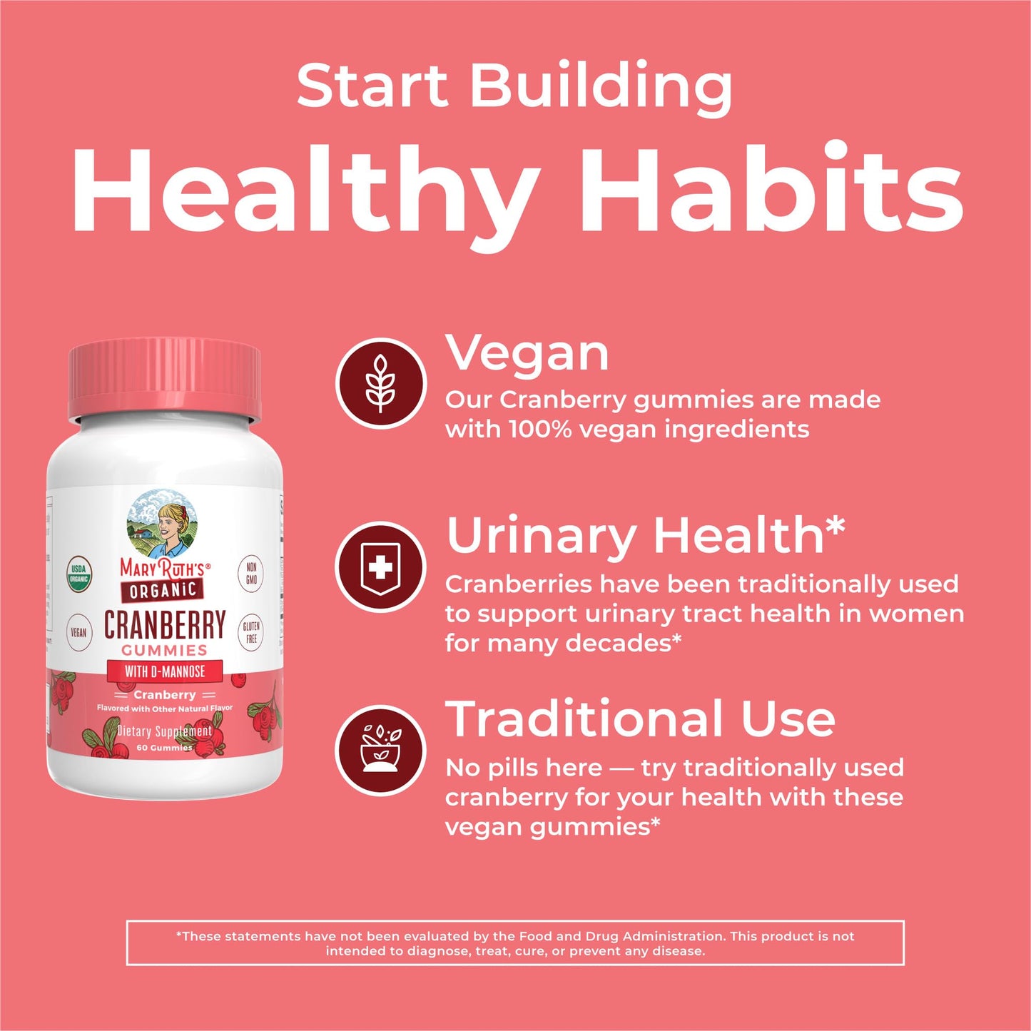 MaryRuth Organics Organic Cranberry Gummies - 500mg Supplement | Urinary Tract Health for Women | with D Mannose | Traditional Use - dailyvitalstore