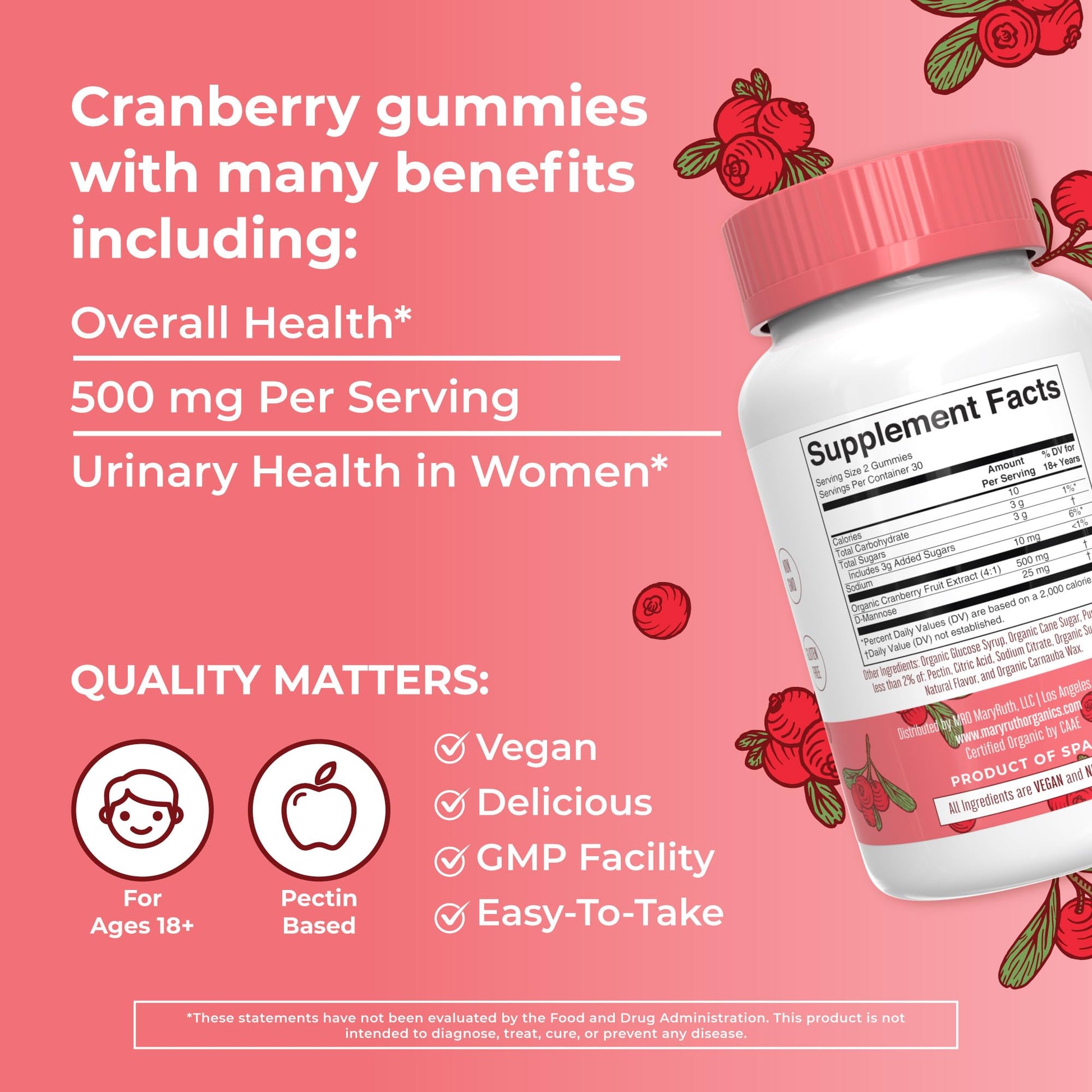 MaryRuth Organics Organic Cranberry Gummies - 500mg Supplement | Urinary Tract Health for Women | with D Mannose | Traditional Use - dailyvitalstore
