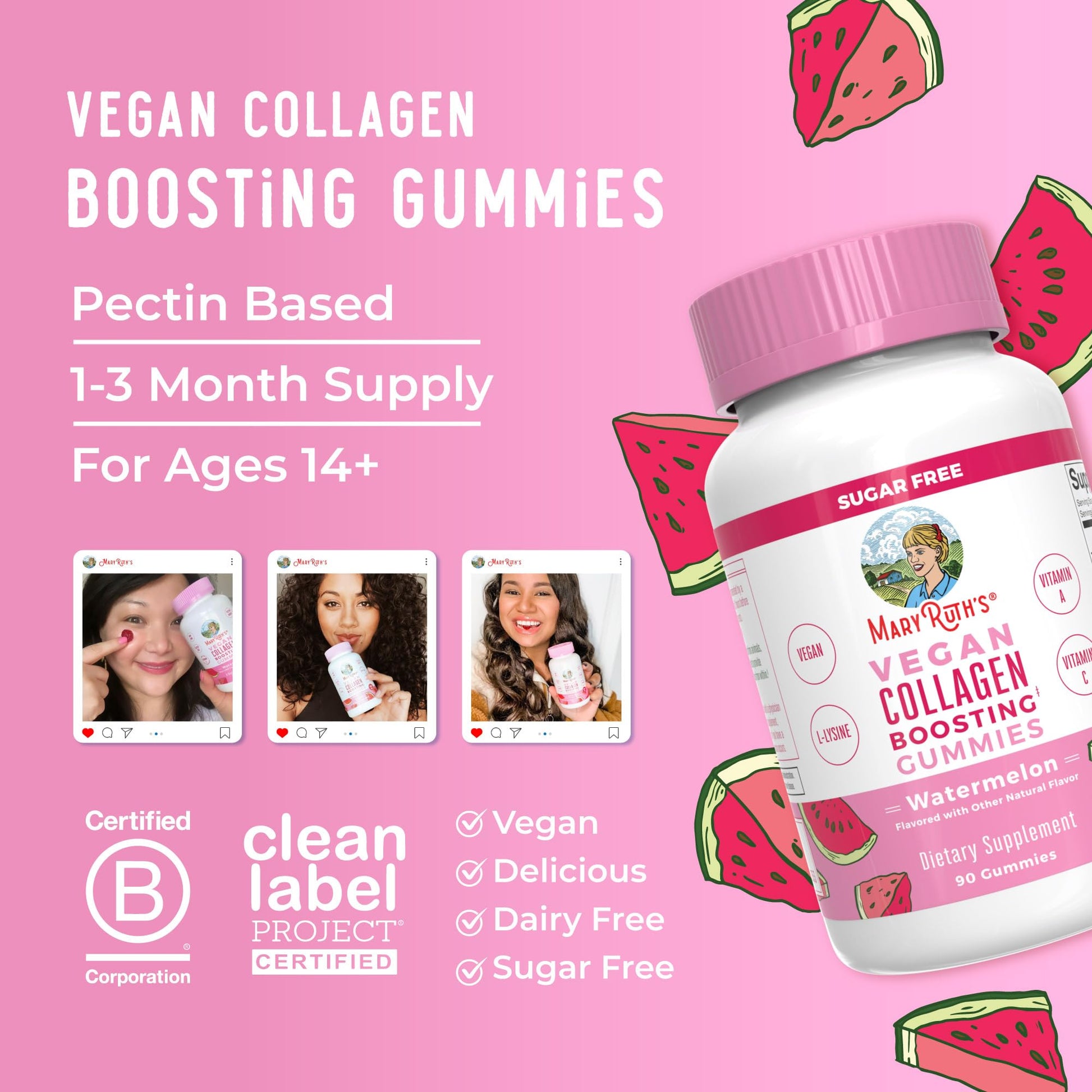 MaryRuth Organics Vegan Collagen for Women & Men, Collagen Boosting Gummies, Skin Care, Lysine, Vitamin C, Vitamin A, Amla, Supplement for Hair & Skin, Vegan, Non-GMO, Gluten Free, 90 Servings - dailyvitalstore